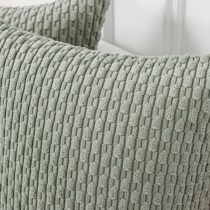 Kevin Textile Soft Corduroy 14"x20" Lumbar Pillow Cover 1 Pack, Grey Green | Boho Stripe Plush Corduroy Decorative Oblong Cushion Cover Modern Farmhouse Home Decor for Sofa Couch Bed Chair