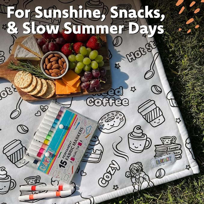 Craftikit Coffee Coloring in Blanket for Adults - Sherpa Throw -15 Markers | 40" x 60", Fabric Markers Included, Permanent Vibrant Fleece Design, Ages 3+, Machine Washable, Gift Wrapped