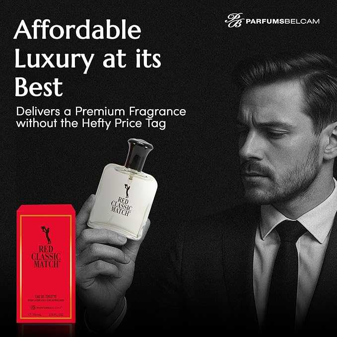 PB ParfumsBelcam Red Classic Match Eau de Toilette - Spicy Woody Amber Fragrance for Men, Long-Lasting Masculine Scent, Affordable Cologne Alternative, Signature Fragrance - 2.54 Fl Oz