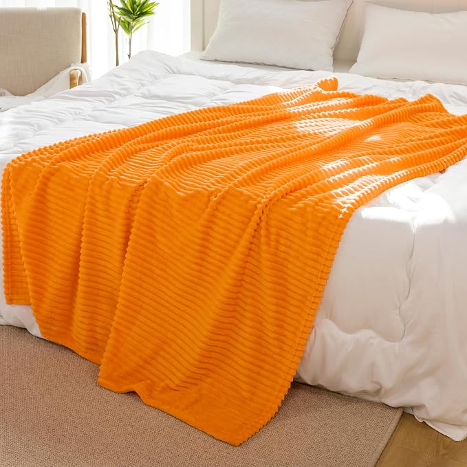Vessia Flannel Fleece Queen Size Blanket for Bed,Couch,Sofa(90x90inch), 300GSM Microfiber Orange Striped Bed Blanket for Adults, Super Soft Warm Cozy Lightweight Ribbed Decor for All-Season