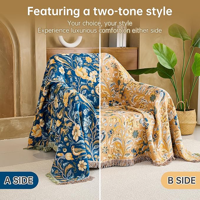 VANJOROY Boho Throw Blanket, 100% Organic Cotton Breathable Ultra Soft 50" x 60" Bed Quilt Blue Throw - All Season Bird Floral Rustic Farmhouse Decor Reversible Blanket for Couch Chair and Gift
