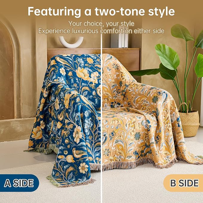 VANJOROY Boho Throw Blanket King, 100% Organic Cotton Breathable Ultra Soft 91" x 98" Bed Quilt Throw - All Season Floral Rustic Farmhouse Decor Reversible Blanket for Sofa Couch Chair and Gift