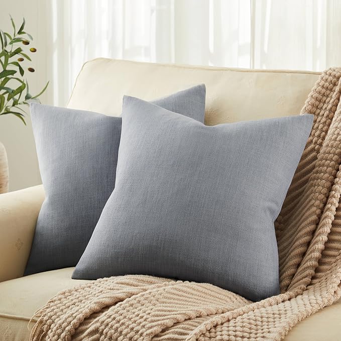 Rustic Linen Throw Pillow Covers Set of 2, Blue Ashes 20x20in | Textured Pillow Case, Rustic Cotton Linen Fabric, Modern Farmhouse Cushion Covers for Sofa Bed Living Room Home Decor