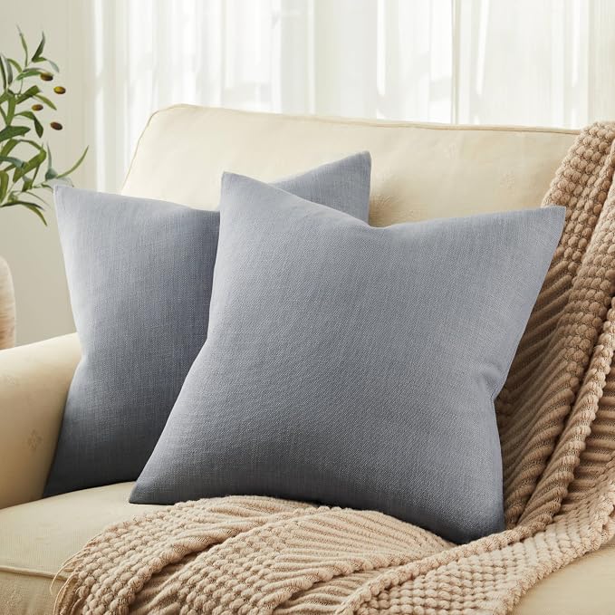 Rustic Linen Throw Pillow Covers Set of 2, Blue Ashes 22x22in | Textured Pillow Case, Rustic Cotton Linen Fabric, Modern Farmhouse Cushion Covers for Sofa Bed Living Room Home Decor