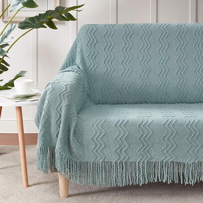 BOURINA Aqua Throw Blanket 60x80 Inch Boho Knitted Soft Throw Sofa Blanket | Knitted Throw Blanket 60x80 Inches, Soft Lightweight Boho Weave Throw Decorative Couch Blanket for Living Room Bedroom Chair