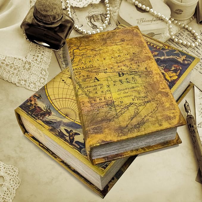 Decorative Book Box Set of 2, Trinket Keepsake Storage Boxes Book | Shaped Storage Box Vintage Style Decorative Faux Books Boxes Globe Antique Books for Home Decoration Old World Map Pattern
