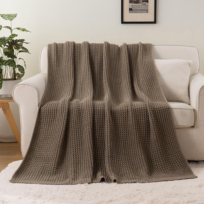 Knitted Waffle Throw Blanket , Camel Tan Throw Blanket for Couch 60x80in | Cozy Chunky Knit Throw Blanket Soft Warm Throws for Men Father Birthday Gifts, Modern Farmhouse Knitted Style