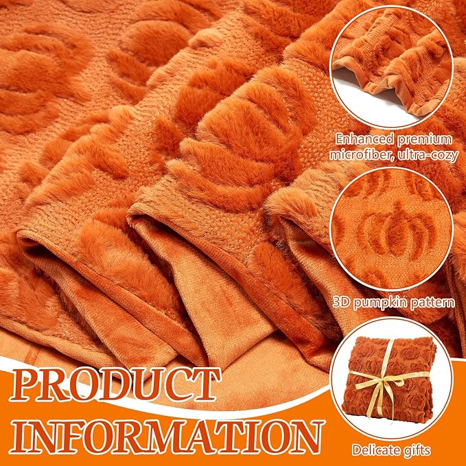 Tegeme Fall Halloween Pumpkin Throw Blanket 50" x 60", 3D Pumpkin Pattern Faux Rabbit Fur Fleece Blanket, Soft Cozy Rust Autumn Throw for Couch Sofa Bed, Thanksgiving Gift for Women Mom(Rust)