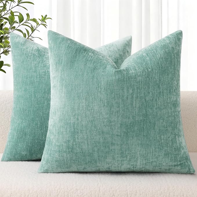 decorUhome Chenille Aqua Haze Throw Pillow Covers 18x18 Inch Set of 2, Decorative Soft Couch Pillow Covers Solid Dyed Accent Velvet Farmhouse Neutral Square Pillow Cases for Sofa Bed Living Room | Decorative Fall Couch Pillow Covers Solid Dyed Accent M...