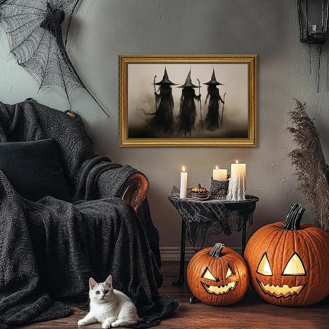JLTULT Three Witches Halloween Wall Art, Gothic Framed Canvas, 8 x 10 in | Dark three-witch scene on fade-resistant canvas with an ornate ready-to-hang PS frame for entryways and Halloween displays