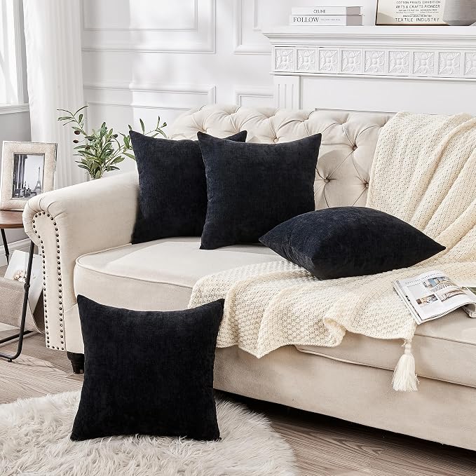 GAWAMAY Decorative Square Throw Pillow Covers 18"x18" Inch Set of 4, Super Soft Chenille Pillows Farmhouse Fall Pillowcase for Living Room Bedroom Sofa Couch Cushion Cover Black 45x45cm (No Insert)