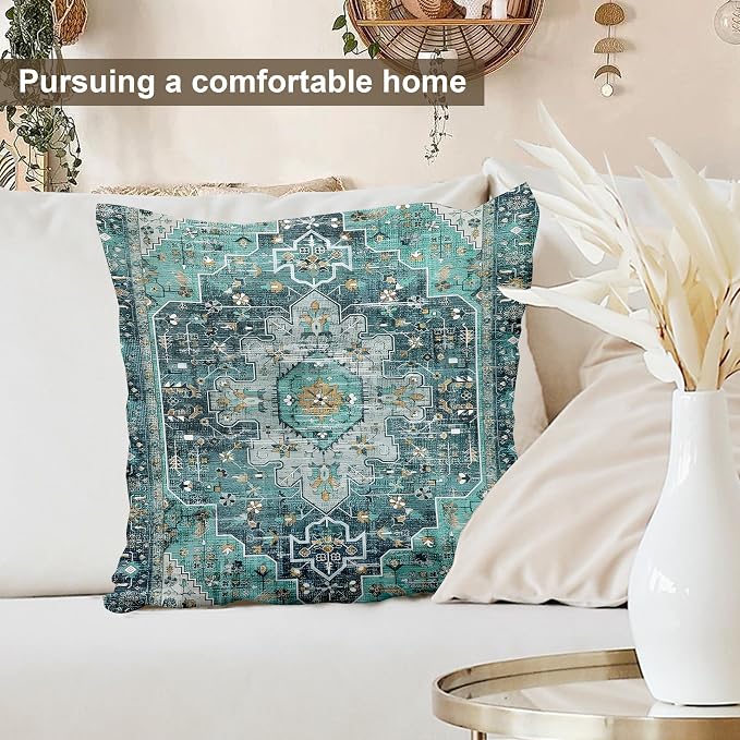 Boho Throw Pillow Covers 16x16 inch Set of 2,Soft Pillowcases Bohemia Carpet Printing Pattern Decorative Sofa Living Room Bed Square Pillow Case Cushion Cover-Cyan
