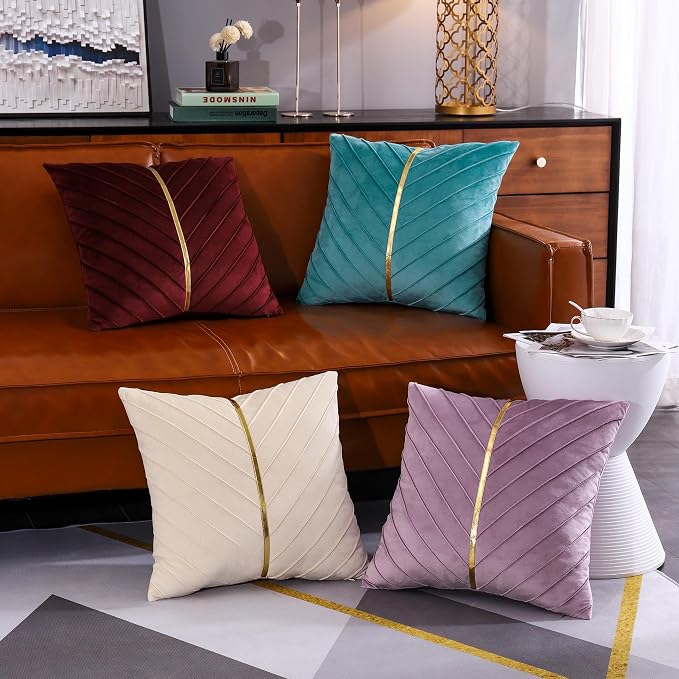 Velvet Throw Pillow Covers 24x24 inch Pack of 2 Gold Decor Purple | Soft Solid Pillow Covers,Modern Luxury Home Decor,for Couch Chair Sofa Bedroom Livingroom,Hidden Zipper,Ideal Gift,Easy Care