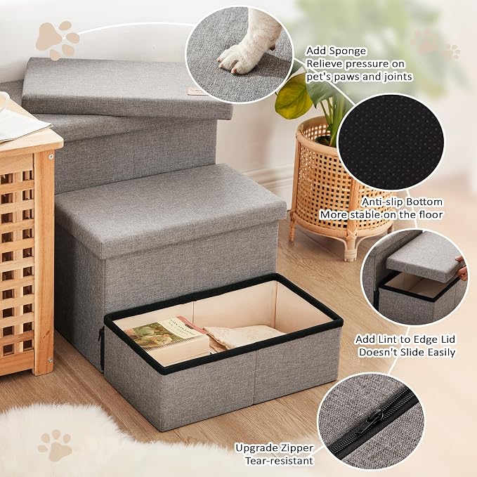 Love's cabin Dog Stairs for High Bed, Foldable Pet Stairs for Small Medium or Large Dogs Puppy with Storage for Bed or Couch, Cat Dog Steps Ramp with Zip up to 200 lbs, Solid Grey, 3 Steps