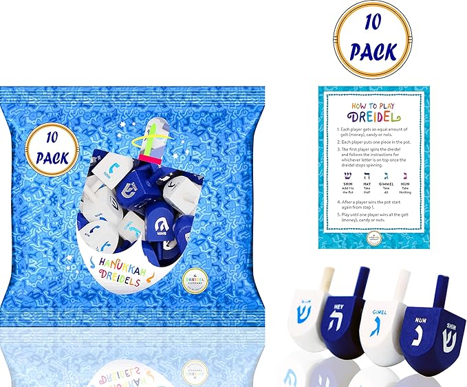 The Dreidel Company 10 Solid Blue & White Hand Painted Wooden Hanukkah Dreidels with English Transliteration - Includes Detailed 3 Game Instruction Cards- (10-Pack)