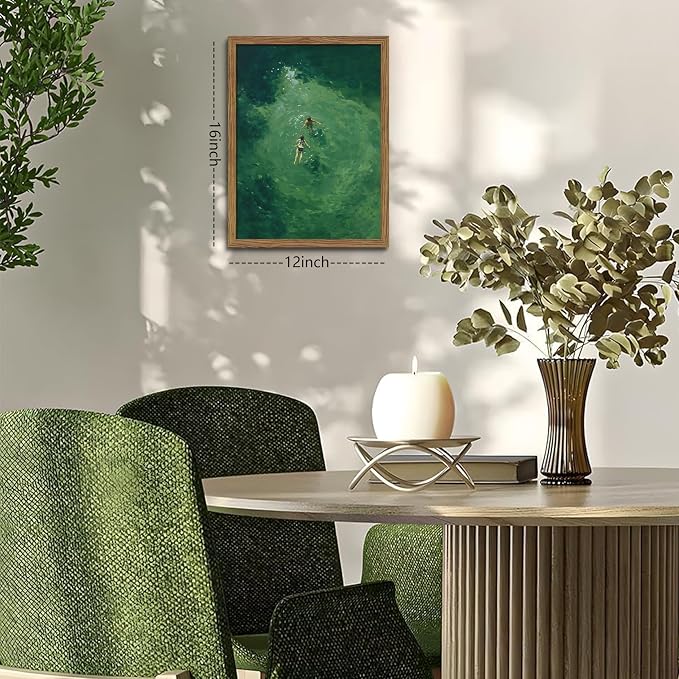 Framed Green Abstract Wall Art, Vintage Summer Swimming Canvas Wall Decor Painting, Minimalist Dark Green Water Landscape Poster Print Picture for Bathroom Bedroom Living Room 12x16 Inch
