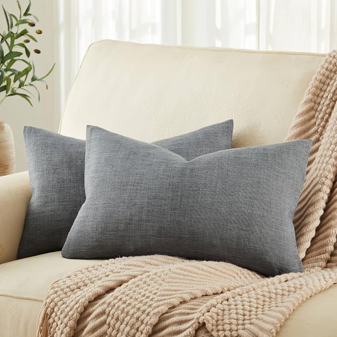 Rustic Linen Lumbar Pillow Covers Set of 2, Dark Grey 12x20in | Textured Pillow Case, Rustic Cotton Linen Fabric, Modern Farmhouse Cushion Covers for Sofa Bed Living Room Home Decor