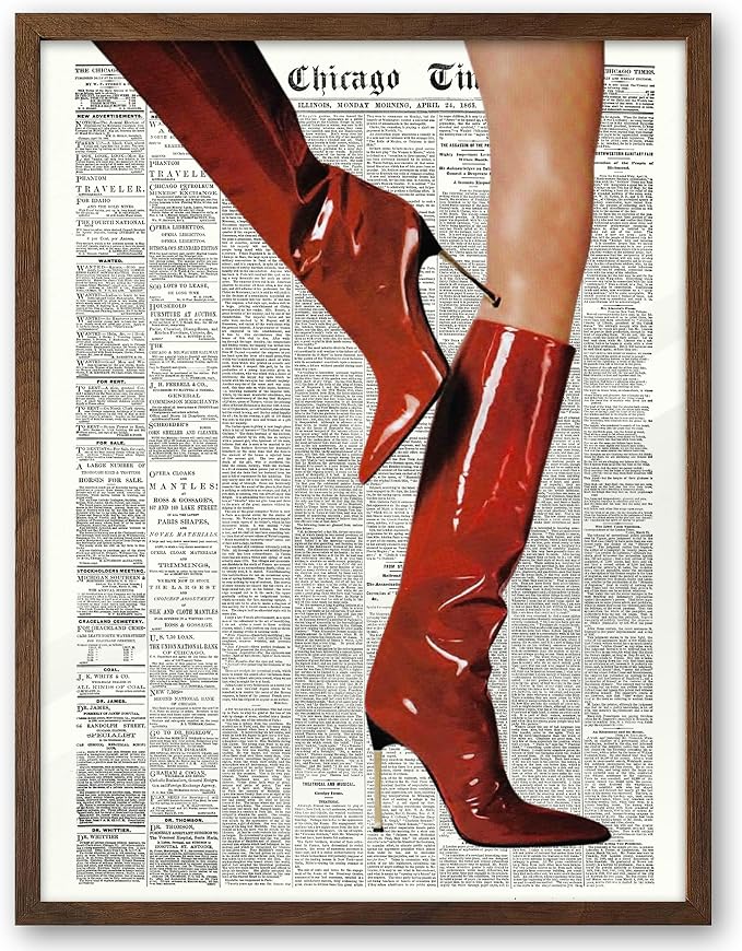 EcoHest 12x16 in Red Boots Newspaper Framed Wall Art | Walnut Color Solid Oak Frame, Canvas Wall Art, Fashion Magazine Wall Decor for Bedroom, Apartment, Dorm, College Room, 1Pack