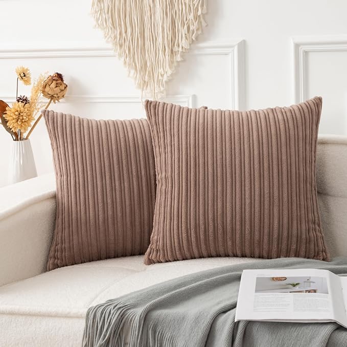 UGASA Soft Velvet Stripe Decorative Pillow Covers Set of 2 Solid Corduroy Textured Euro Cushion Cases for Couch Bedroom Sofa Farmhouse, 18x18 Inch, Light Brown