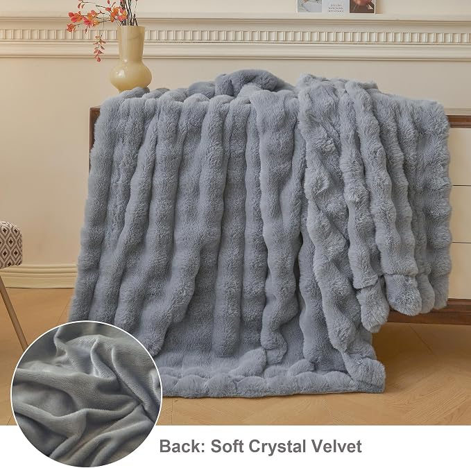 LIFEREVO Luxury Fluffy Faux Rabbit Fur Throw Blanket 60x80, Gray | Plush Fuzzy Bubble Lap Throw for Couch Sofa Office, Soft Cozy Furry Bed Blanket Home Decoration, Washable & Skin-friendly