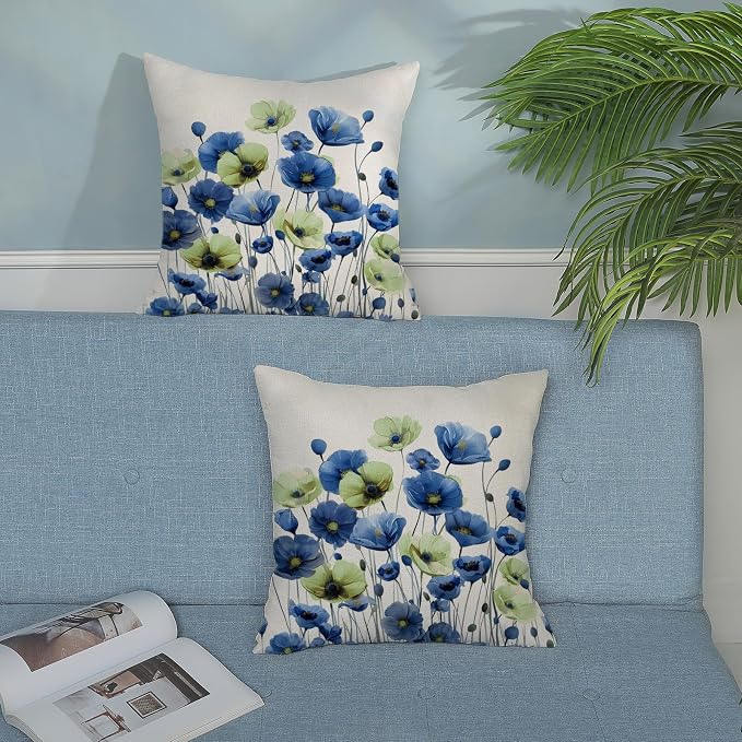 Spring Floral Pillow Covers 18x18 Set of 2 Blue Green Flower Decorative Throw Pillow Covers Decoration Summer Seasonal Pillowcase Farmhouse Decorative Cushion Cover For Couch Sofa Outdoor Decor