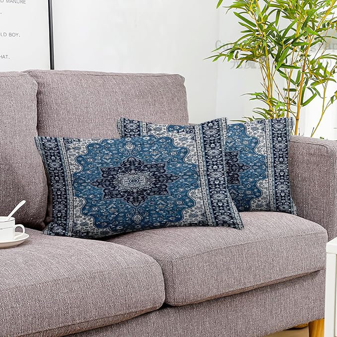 Boho Throw Pillow Covers 12x20 inch Set of 2,Soft Pillowcases Bohemia Carpet Printing Pattern Decorative Sofa Living Room Bed Rectangle Pillow Case Cushion Cover-Blue