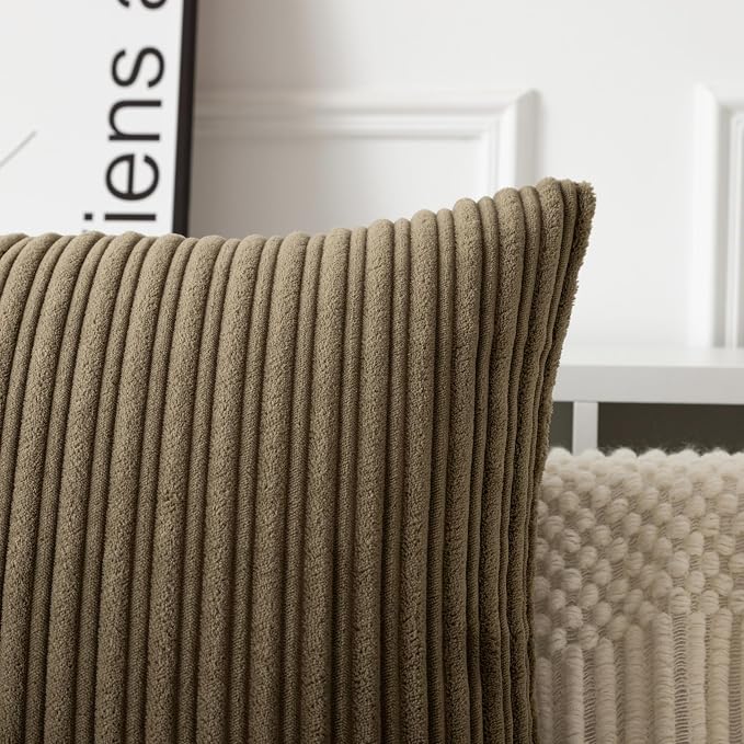 UGASA Velvet 12x20 Inch Lumbar Soft Throw Pillow Cover Boho Farmhouse Decorative Corduroy Striped Both Sides Solid Rectangular Cushion Case for Couch Bedroom Sofa Home, 1 Piece, Olive Green