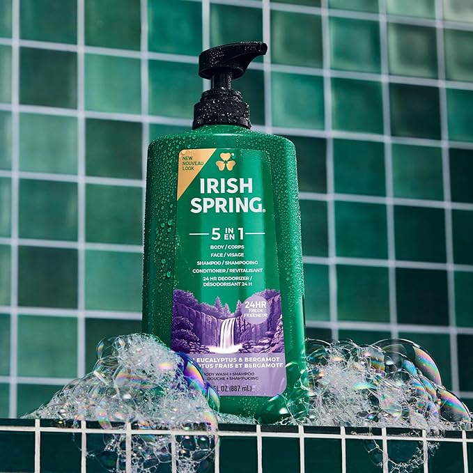 Irish Spring 5 in 1 Moisturizing Body Wash for Men, Shampoo, Conditioner, Body and Face Wash, and 24 Hour Deodorizer, Paraben-Free, Fresh Eucalyptus & Bergamot Scent, 30 fl oz - Packaging may vary