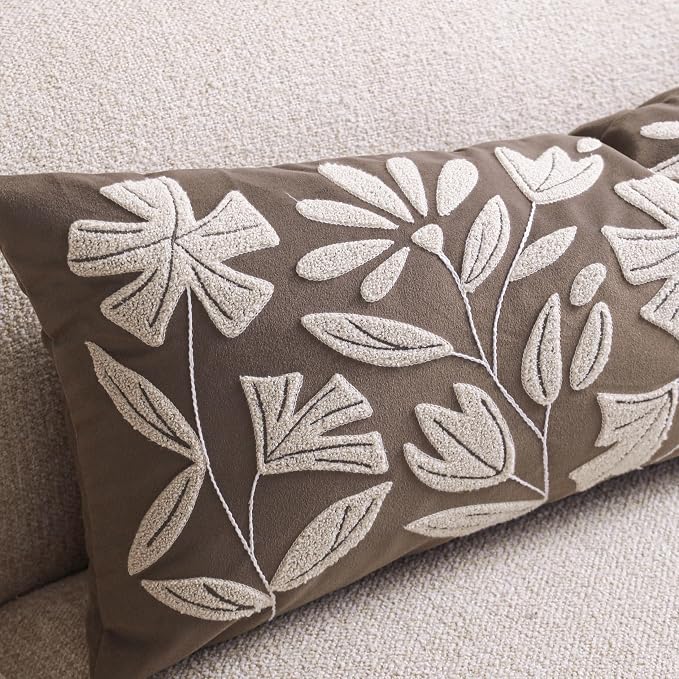 Long Lumbar Pillow Cover 14x36 for Bed, Taupe Brown Floral Tufted Velvet Accent Oversize Throw Pillowcase for Bedroom, Cover Only