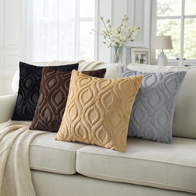 decorUhome Faux Fur Plush Soft Grey Throw Pillow Covers 18x18 Set of 2 | Wool Solid Fall Couch Pillow Covers, Accent Modern Farmhouse Neutral Decorative Square Pillow Cases for Sofa Bed Living Room