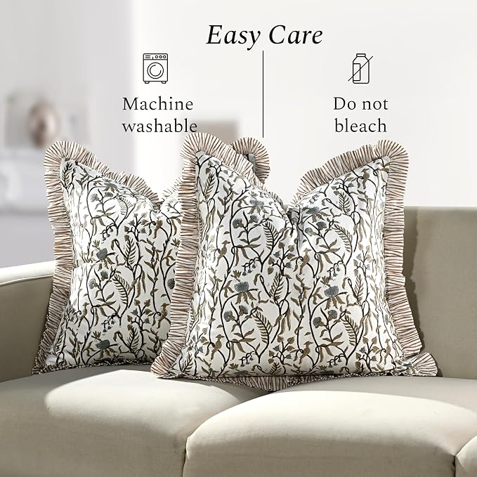 CPC Cocoa Vine Hand Block Print 100% Cotton Ruffle Throw Pillow Cover 24x24 inch with Hidden Zipper Decorative for Couch, Bed, Sofa, Farmhouse, Cottagecore Decor Gift Christmas Fall Thanksgiving