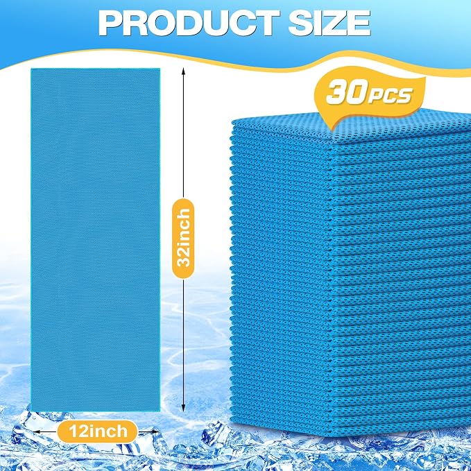 MENOLY 30 Packs Cooling Towels Bulk Cooling Towels for Neck and Face Gym Workout Cooling Neck Rags for Sports Yoga Soft Microfiber Breathable Sweat Rags for Hiking Running Fitness-Blue