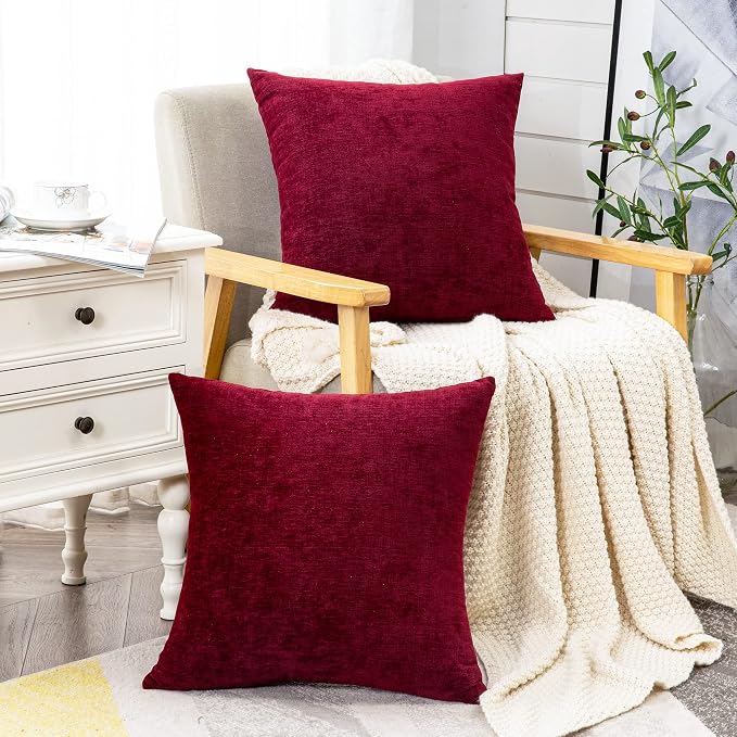 GAWAMAY Decorative Chenille Throw Pillow Covers 26x26 Inch Pack of 2, Soft Square Couch Pillow Cover for Sofa Cushion Living Room Bedroom Oversized Pillowcases Burgundy Red 66x66cm (ONLY Covers)
