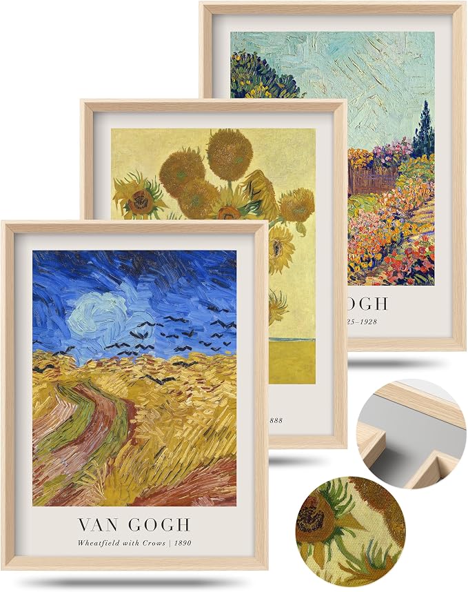 HesenDot Van Gogh Framed Wall Art,Vintage Canvas Prints Set of 3 | 12x16IN Canvas Prints,Wheatfield Sunflowers Landscape Art,High Framed Design Wall Decor Living Room Bedroom Bathroom Office