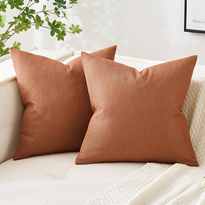MIULEE Pack of 2 Decorative Linen Burlap Textured Pillow Covers Fall Farmhouse Boho Accent Pillowcases for Sofa Car Couch Bedroom Living Room Decor 20x20 Inch Rust