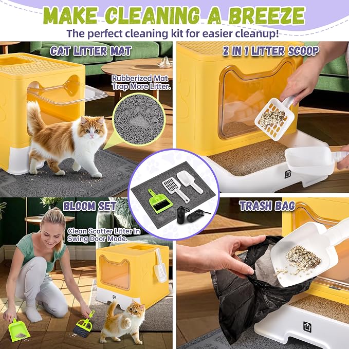 Covered Cat Litter Box, Extra Large Drawer Design with Dual Entry, Yellow | 13L litter capacity, adjustable door, leakproof structure, cleaning accessories, complimentary cat litter mat