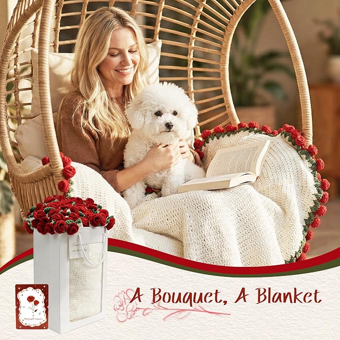 Red Rose Crochet Flower Bouquet Blanket, 43 Inch Throw, 60 Rose Flowers | Gift Bag, Writable Card, Machine Washable, Hand-Crocheted Red Roses, Ready for Romantic Gifts, Birthdays, or Anniversaries.
