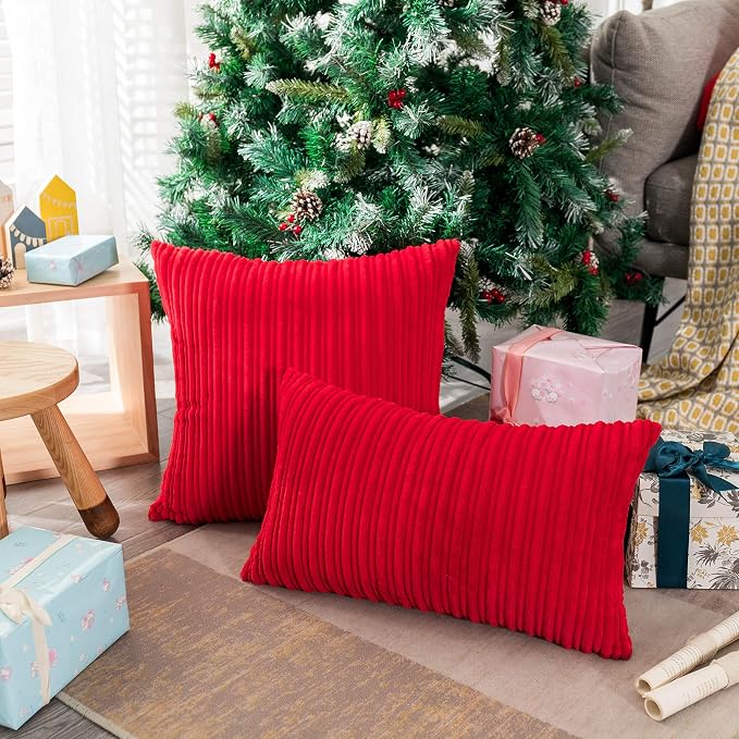 UGASA Christmas Decor Pillow Covers Velvet Striped Pillow Cover Lumbar Cushion Case for Lumbar, 1 Piece, 12x20-inch (30x50cm),Red