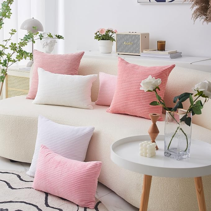 Home Brilliant Pink Throw Pillow for Couch Pillow Cover 18x18 Striped Velvet Corduroy Pillow Cover for Holiday Party, 18 x 18 inch, Coral