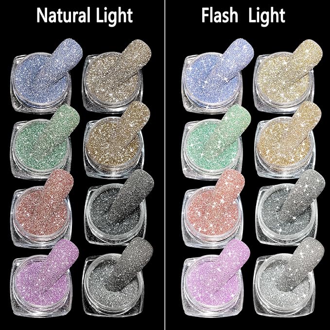 Laza 8 Colors Korea Diamond Nail Powder Sparkling Crystal Glitter Holographic Nail Glitter Dust Laser Silver Mirror Effect Bright Shining Flakes for Acrylic Nails Polish Nail Art DIY Decoration