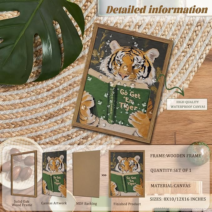 Framed Tiger Canvas Wall Art, Motivational Tigers Reading Poster Print, Humorous Bookworm Pictures Wall Decor, Vintage Go Get Em Tiger Painting for Office Library Bedroom Decor 8x10 inch