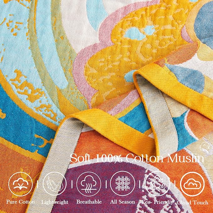 XIBLC Boho Throw Blanket, Lightweight Blankets for Summer, 100% Cotton Bohemian Decorative Throw Blanket, 50"x60" Reversible Muslin Breathable Woven Farmhouse Blankets Quilt,