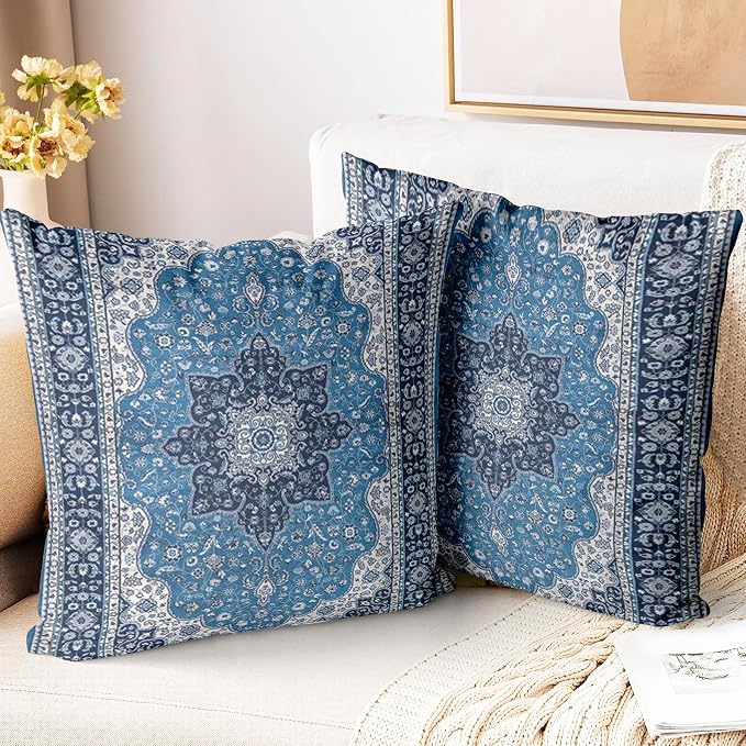 Boho Throw Pillow Covers 18x18 inch Set of 2,Soft Pillowcases Bohemia Carpet Printing Pattern Decorative Sofa Living Room Bed Square Pillow Case Cushion Cover-Blue