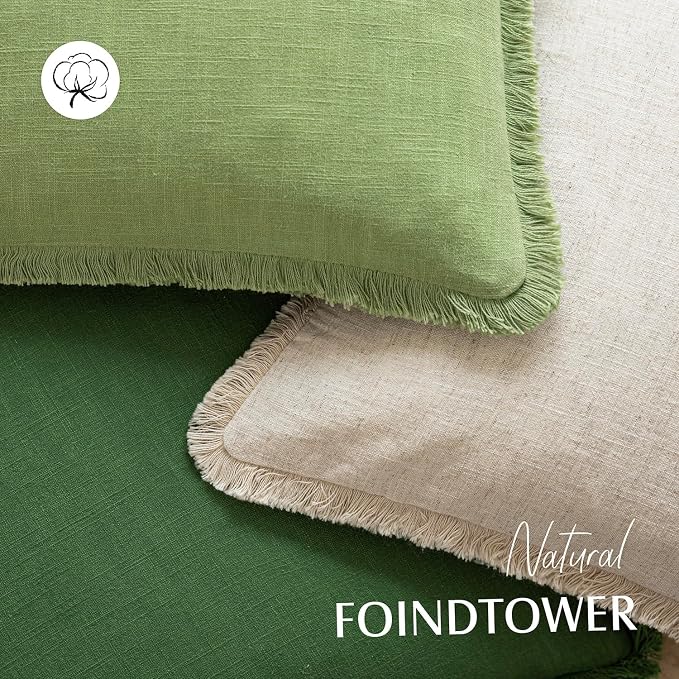 Foindtower Set of 2 Decorative Linen Fringe Throw Pillow Covers Cozy Boho Farmhouse Cushion Cover with Tassels Soft Accent Pillowcase for Couch Sofa Bed Living Room Home Decor,20×20 Inch,Lime Green