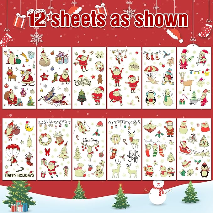 243PCS Christmas Tattoos for Kids, 12Sheets Christmas Party Favors, Luminious Xmas Tattoos Stocking Stuff, Xmas Stickers, Bulk Xmas Holiday Ugly Sweater Party Supplies Accessories Candy