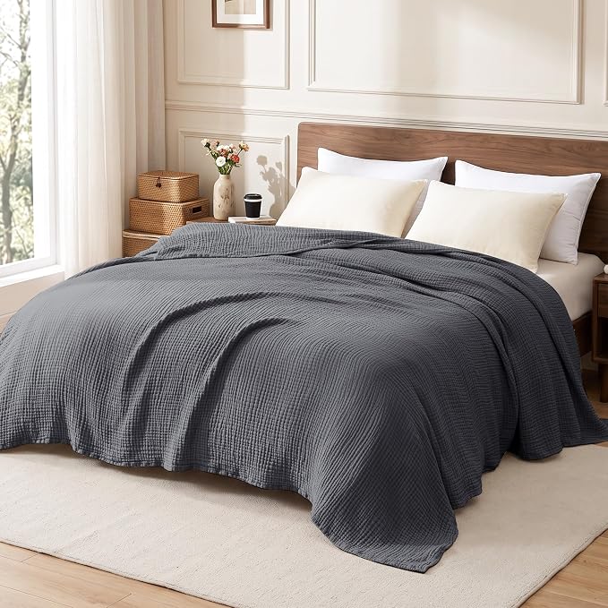 Love's cabin 100% Cotton Muslin Blanket, 6 Layer Lightweight Breathable Gauze Queen Size Blanket 90 x 90 Inches, Soft All Season Blanket for Bed, Dark Grey