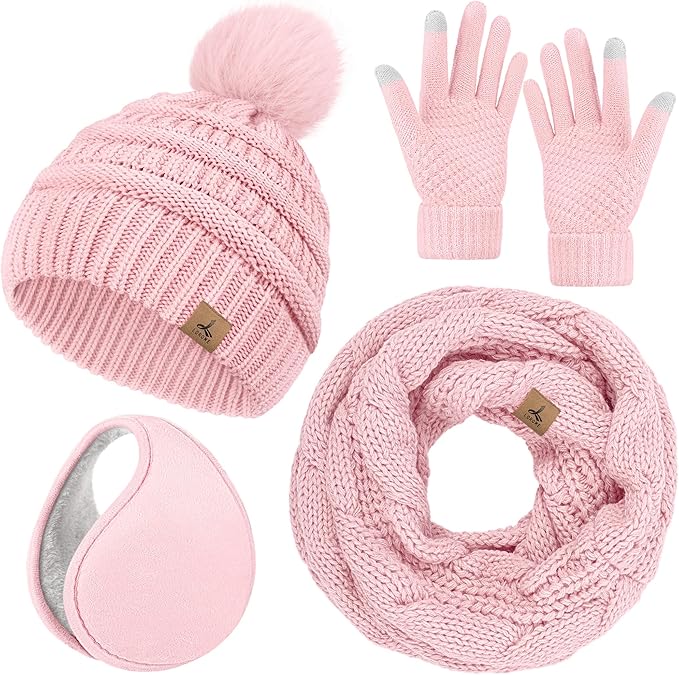 Winter Hat Scarf Gloves and Ear Warmer, Warm Knit Beanie Hat Touch Screen Gloves Set Winter Gifts Neck Scarves for Women
