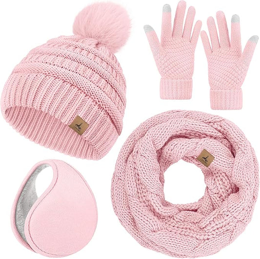 Winter Hat Scarf Gloves and Ear Warmer, Warm Knit Beanie Hat Touch Screen Gloves Set Winter Gifts Neck Scarves for Women