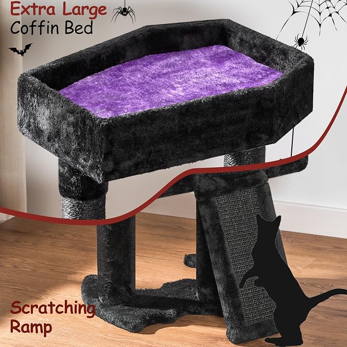 BEWISHOME Cat Tree Tower for Indoor Cats, Gothic Cat Trees with Coffin Bed | Cat Condo Cat House with Scratching Board, Cat Shelves with Spider Toy, Pet Play Activity Center Black with Purple, MMJ95Z