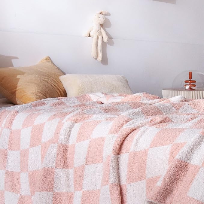 SeaRoomy Fuzzy Checkered Throw Blanket for Bed Decor,Light Pink 90"X90" | Warm,Cozy,Fluffy,Lightweight,Gift for Women Couch Sofa Bed Room Decor